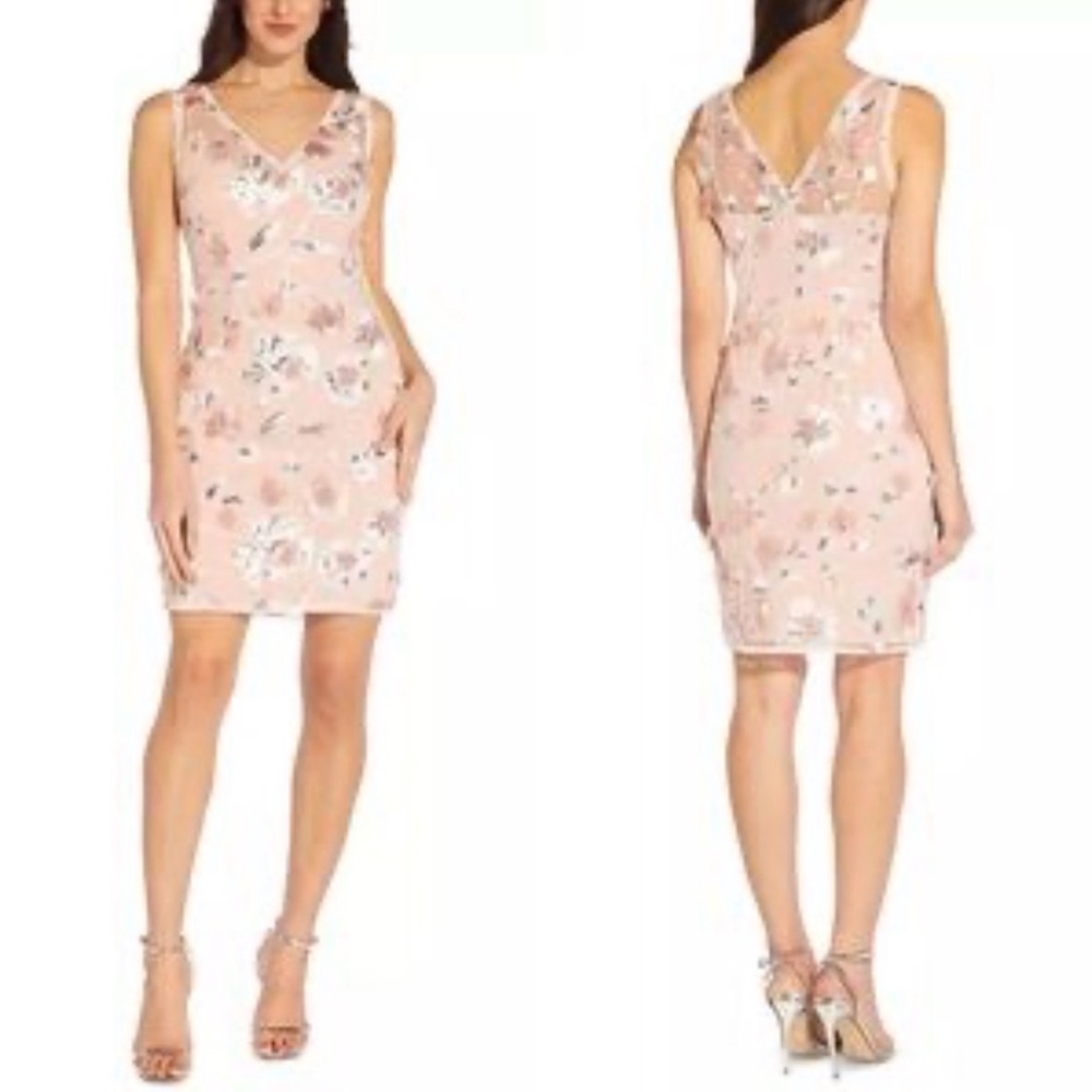 NWT Adrianna Papell Womens Pink White Embroidered Floral Sheath Dress Size 14